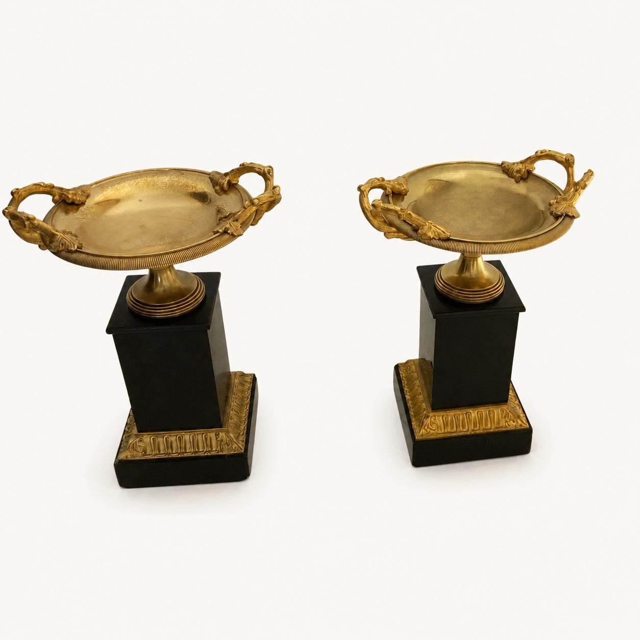 Tazza Pair, Gilt Metal Coupes on Black Marble Plinths, Empire Style Cassolettes — French, 19th Century Attribution