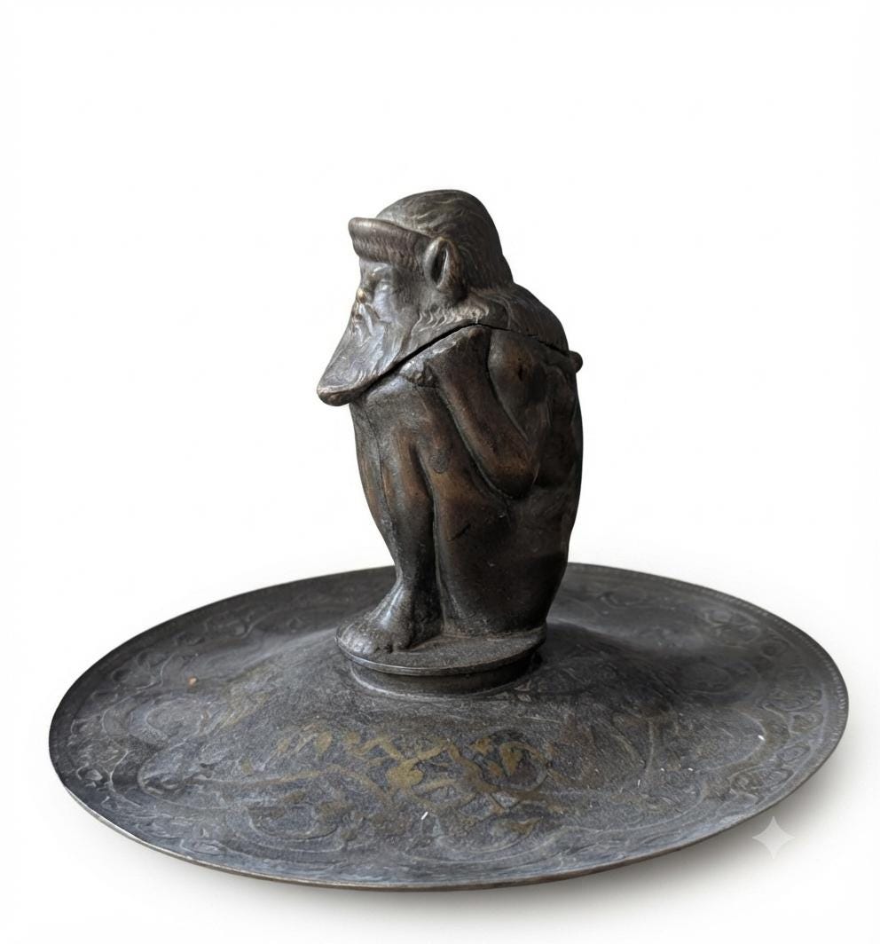 Figural Inkwell, Gnome Inkwell on Engraved Dish, Patinated Metal Desk Stand — French Style, 19th Century Attribution
