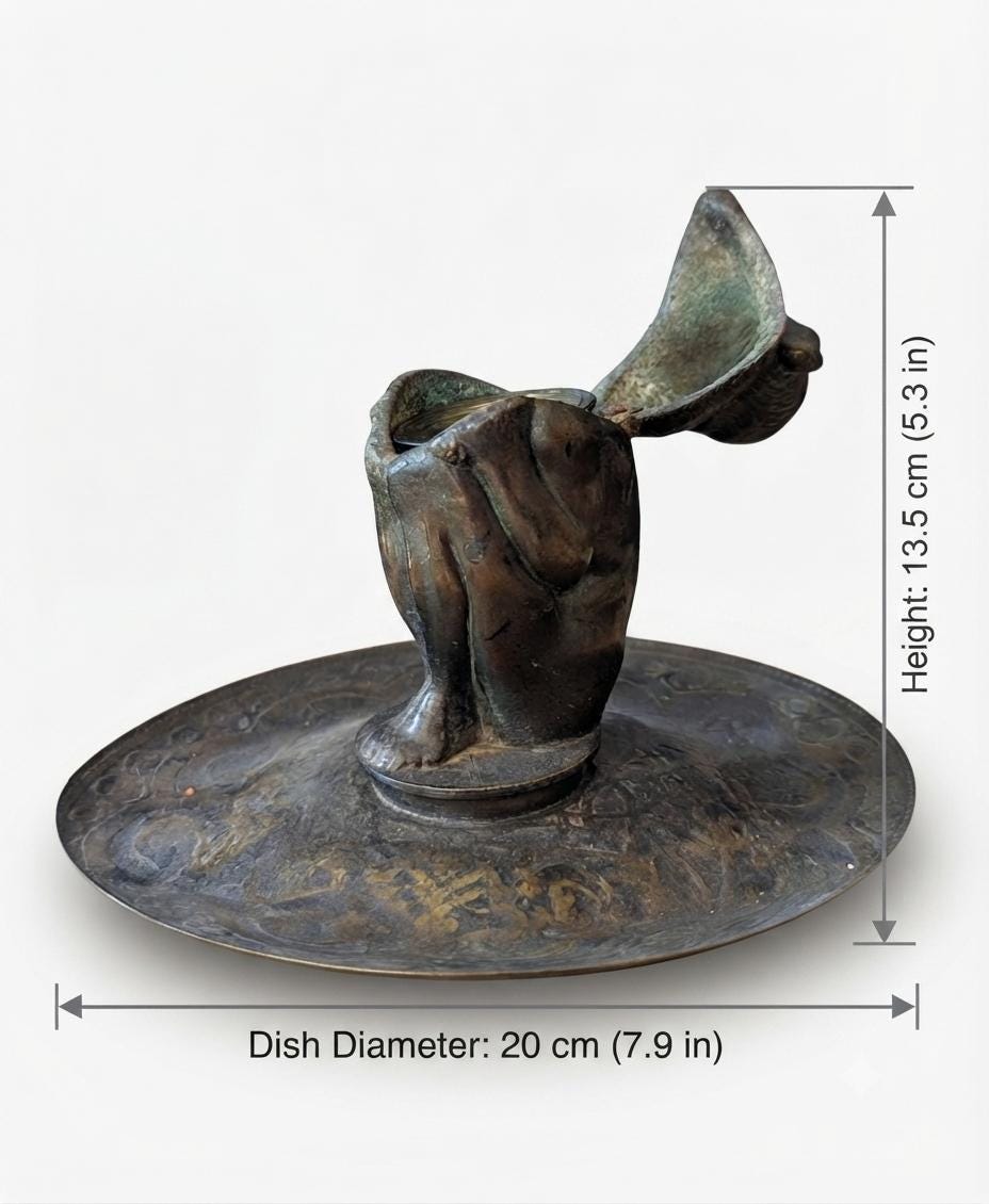 Figural Inkwell, Gnome Inkwell on Engraved Dish, Patinated Metal Desk Stand — French Style, 19th Century Attribution