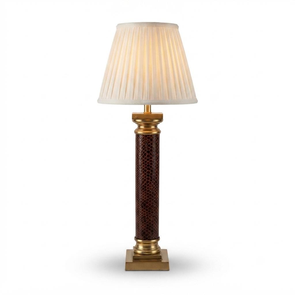 Vintage Brass Column Table Lamp, Snakeskin-Embossed Column, Square Stepped Base