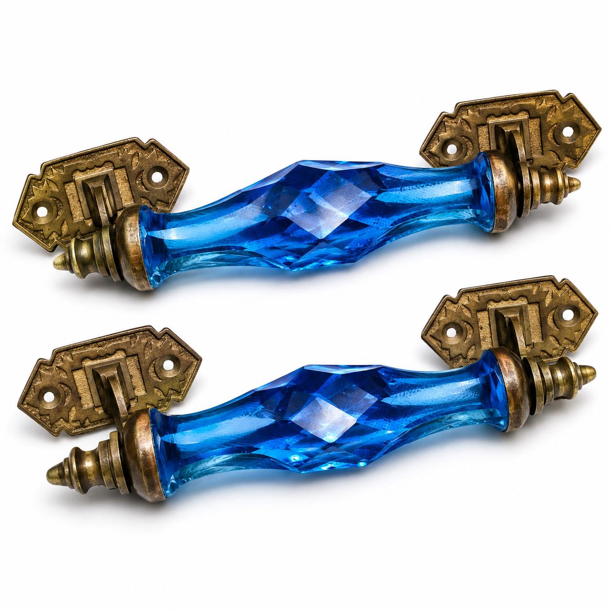 Vintage Cobalt Blue Cut Glass Door Pull, Faceted Glass Handle with Brass Hardware, Pair