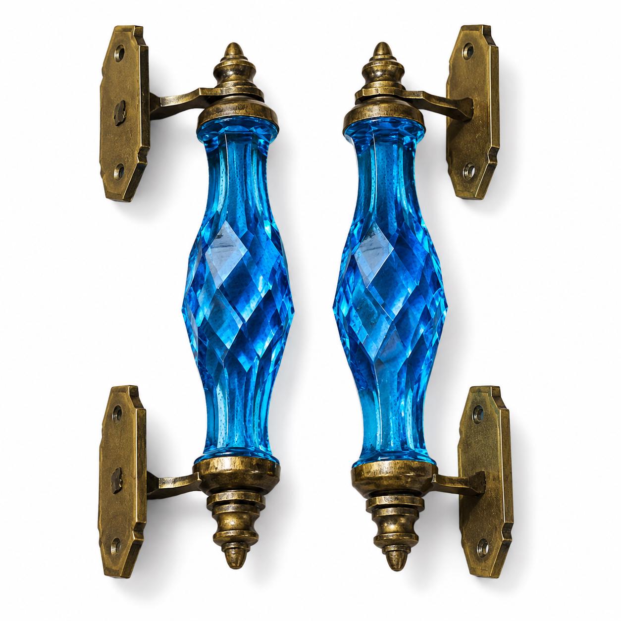 Vintage Cobalt Blue Cut Glass Door Pull, Faceted Glass Handle with Brass Hardware, Pair