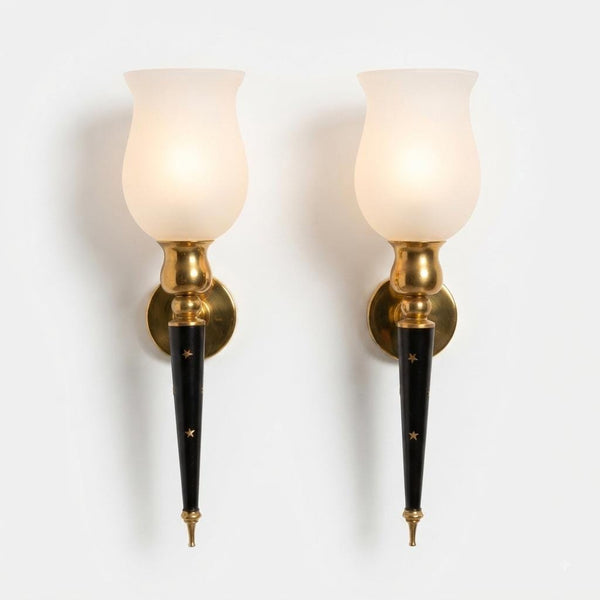 Torch Wall Sconces Pair, Black and Brass Star Sconces with Frosted Glass Shades — French, 1940s–50s