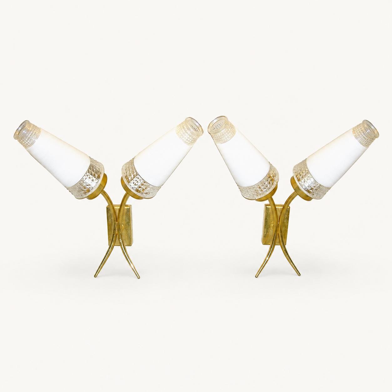 Mid Century Wall Sconces Pair, Double Brass Sconces with White Glass Cone Shades — French, 1960s