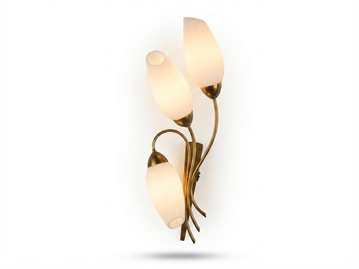 Tulip Wall Sconce, Three Light Brass Sconce with White Glass Tulip Shades — French, Mid Century