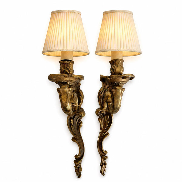 Pair of Antique Brass Wall Sconces, Rococo Style Scrolled Single Arm Sconces