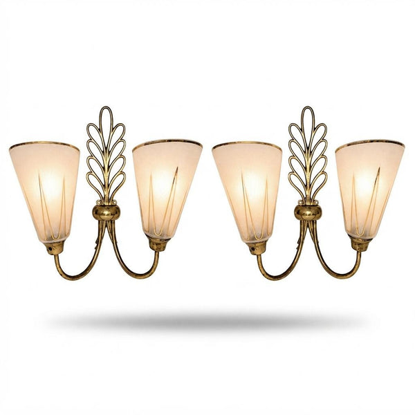 Large Double Wall Sconces Pair, Brass Leaf Sconces with Frosted Glass Cone Shades, Gold Accents — French, 1950s