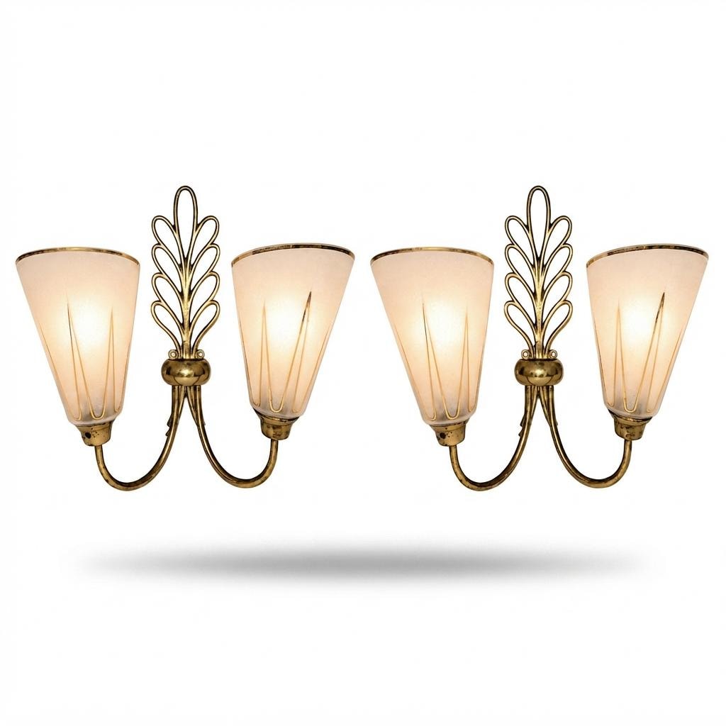 Large Double Wall Sconces Pair, Brass Leaf Sconces with Frosted Glass Cone Shades, Gold Accents — French, 1950s