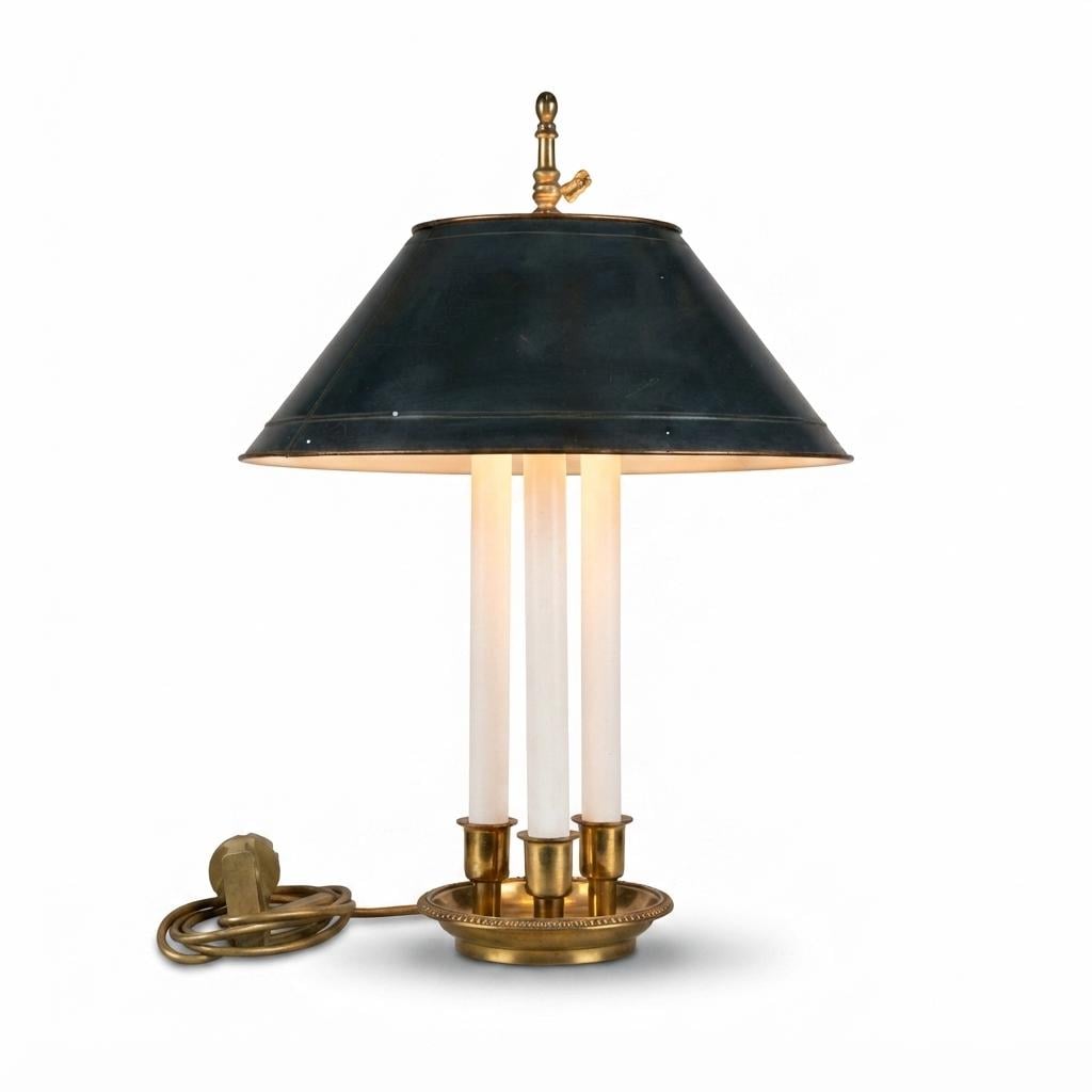 Antique Bronze Bouillotte Lamp, Green Tole Adjustable Shade, French Table Lamp