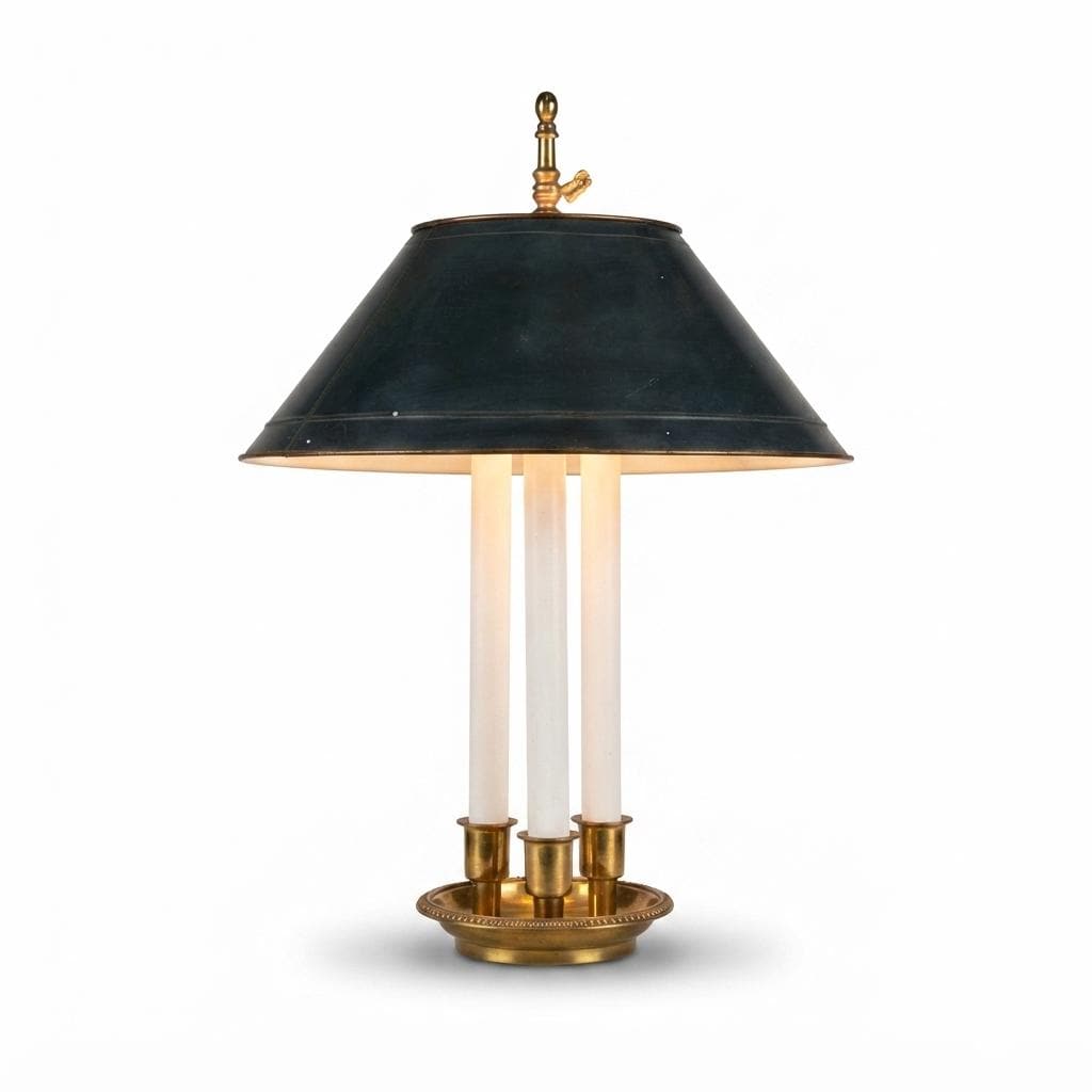 Antique Bronze Bouillotte Lamp, Green Tole Adjustable Shade, French Table Lamp