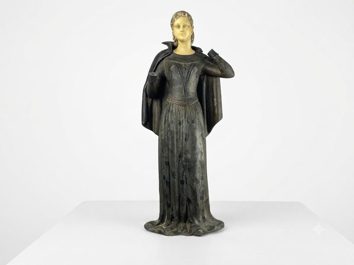Art Deco Sculpture of a Standing Woman in Flowing Gown, Signed Menneville, 1930s, Two-Tone Patina