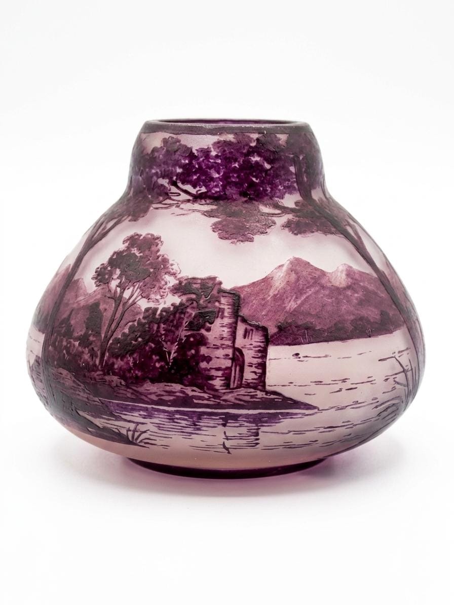 Antique Pâte de Verre Vase Signed Val, Purple Acid-Etched Lakeside Landscape, Squat Bulbous Form