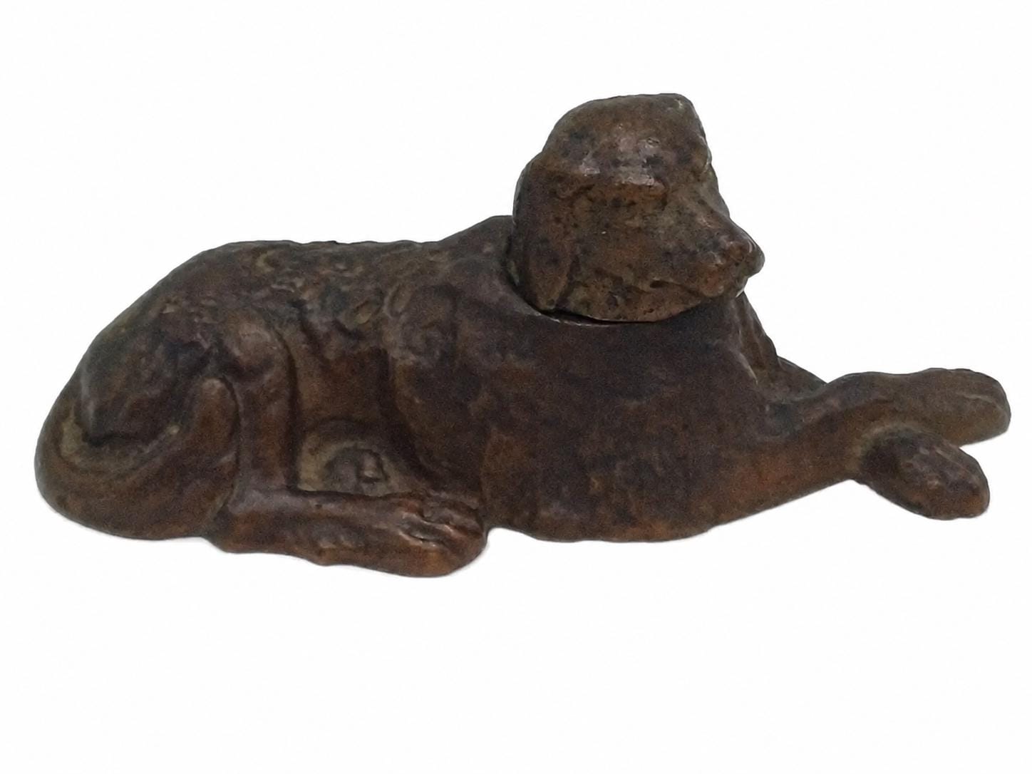 Antique Bronze Reclining Dog Inkwell, Napoleon III Style, Late 19th Century