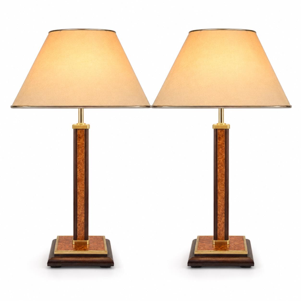 Pair of Robert de Schuytener Table Lamps, 1980s French Burl Wood and Brass Desk Lamps