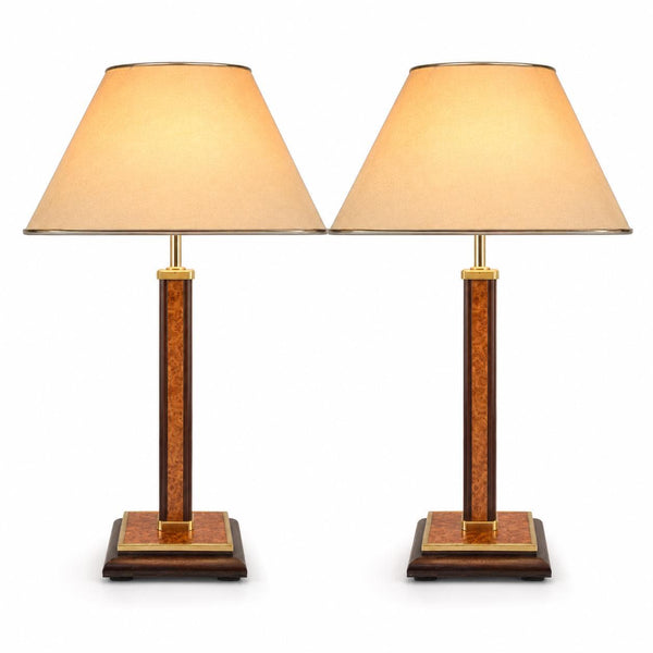 Pair of Robert de Schuytener Table Lamps, 1980s French Burl Wood and Brass Desk Lamps
