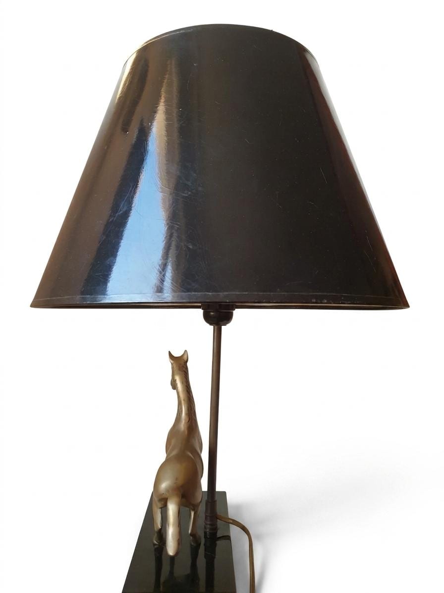 Brass Horse Table Lamp, Galloping Horse Sculpture Base, Maison Charles Style Lacquered Wood
