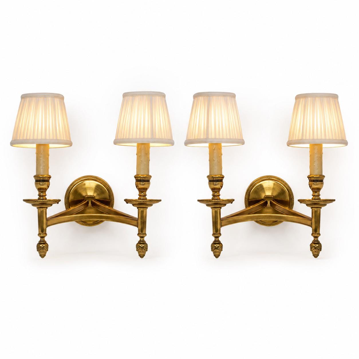 Pair of Gilt Bronze Wall Sconces, Two-Arm Ribbed Rim Sconces, French Style
