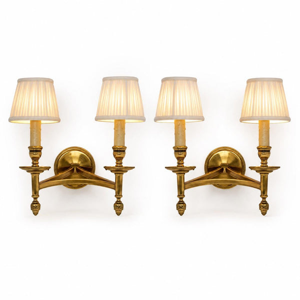 Pair of Gilt Bronze Wall Sconces, Two-Arm Ribbed Rim Sconces, French Style