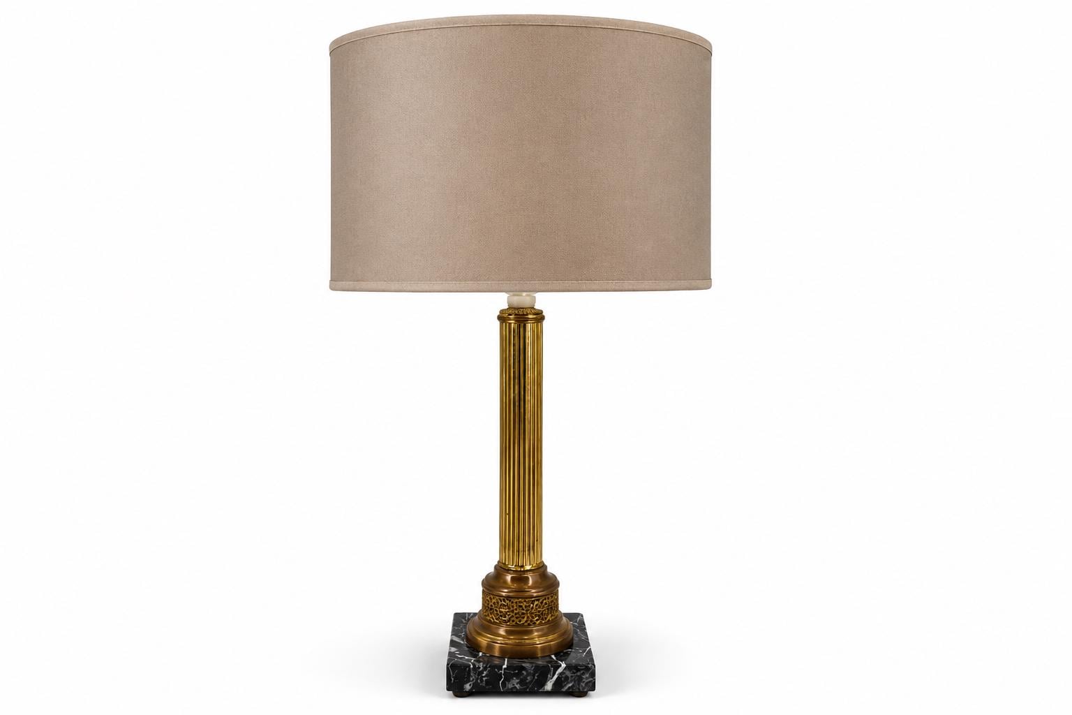 Louis XVI Style Brass Column Table Lamp Base, Fluted Column on Black Marble Base, 1970s