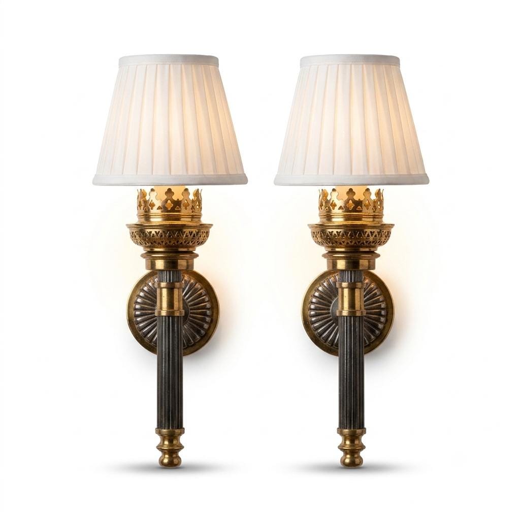 Pair of Belle Époque Brass Wall Sconces, Crown-Form Pierced Shade Holders, Late 19th/Early 20th Century