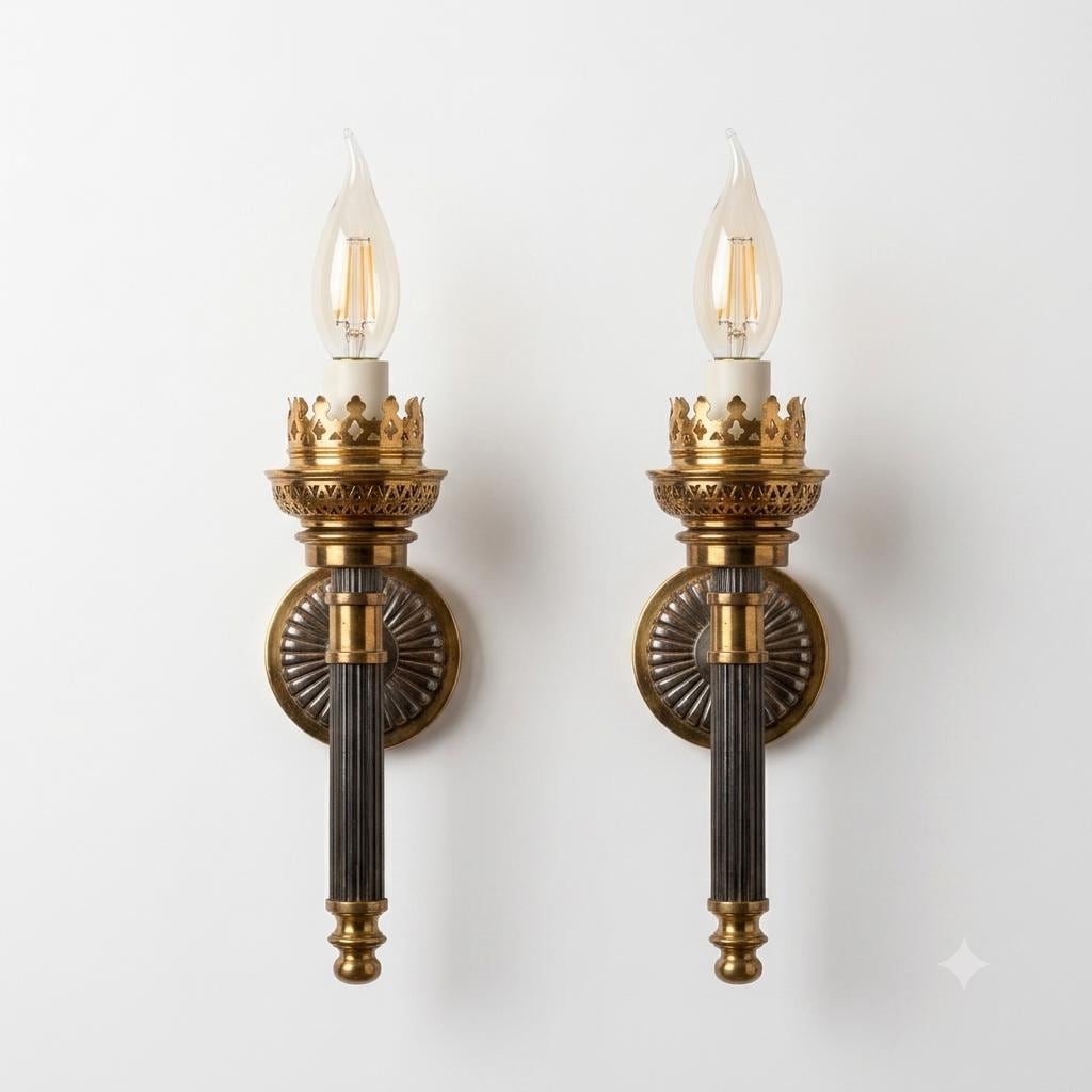 Pair of Belle Époque Brass Wall Sconces, Crown-Form Pierced Shade Holders, Late 19th/Early 20th Century