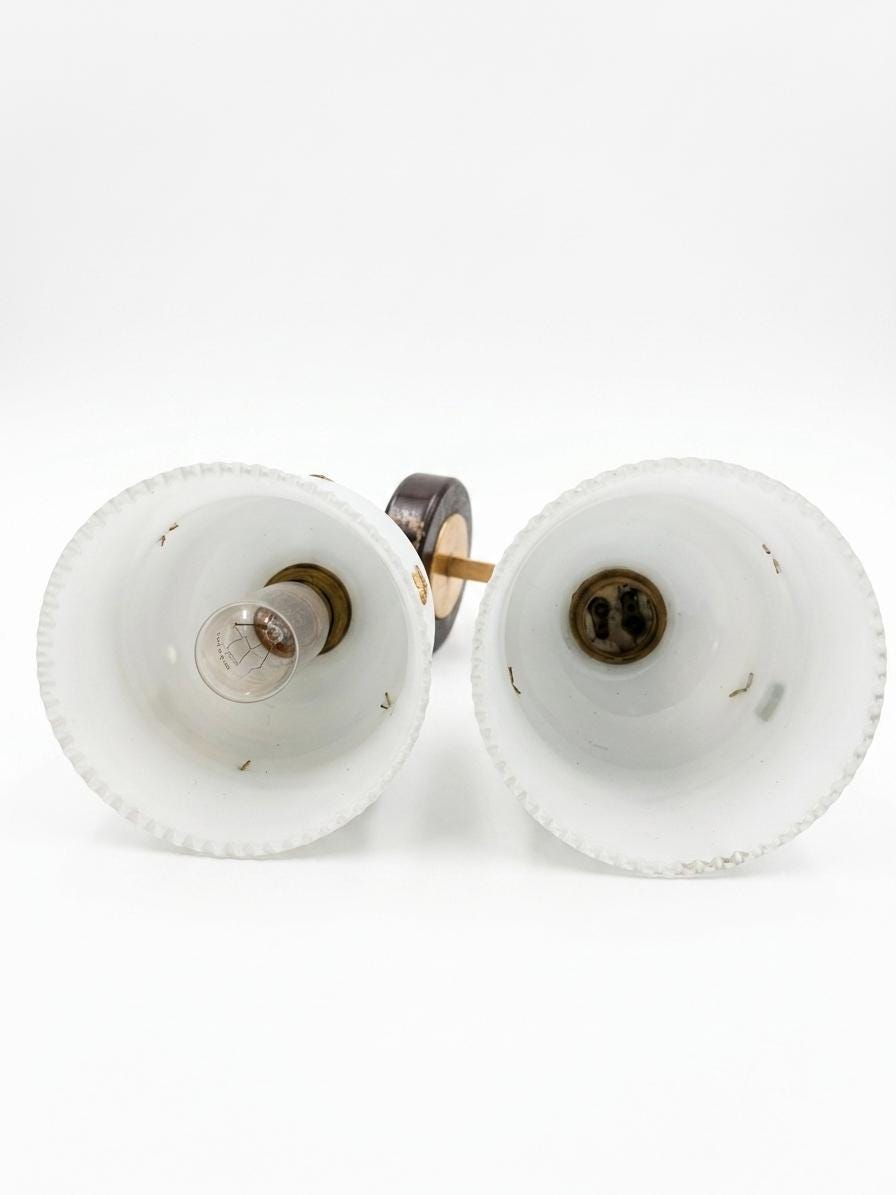 Pair of Vintage Chrome Wall Sconces, White Opaline Glass Shades with Gold Star Motif, 1960s Mid-Century