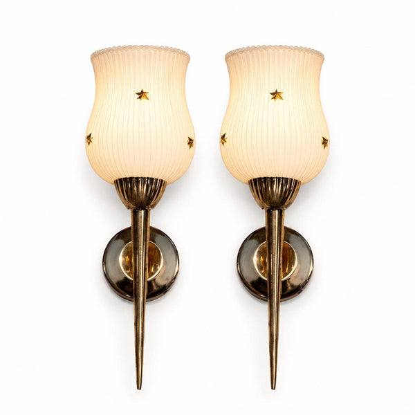 Pair of Vintage Chrome Wall Sconces, White Opaline Glass Shades with Gold Star Motif, 1960s Mid-Century
