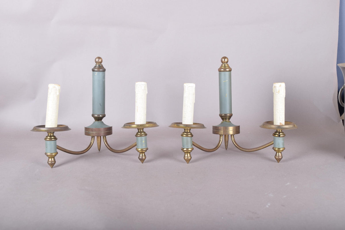 Pair of Brass and Blue-Grey Wall Sconces, Three-Arm Neoclassical Style Lighting, Circa 1940s