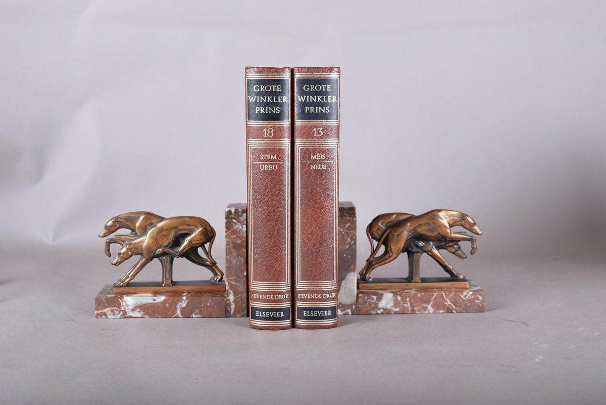 Pair of Art Deco Greyhound Bookends, Bronze Dogs on Red Marble, French Style Bookstands