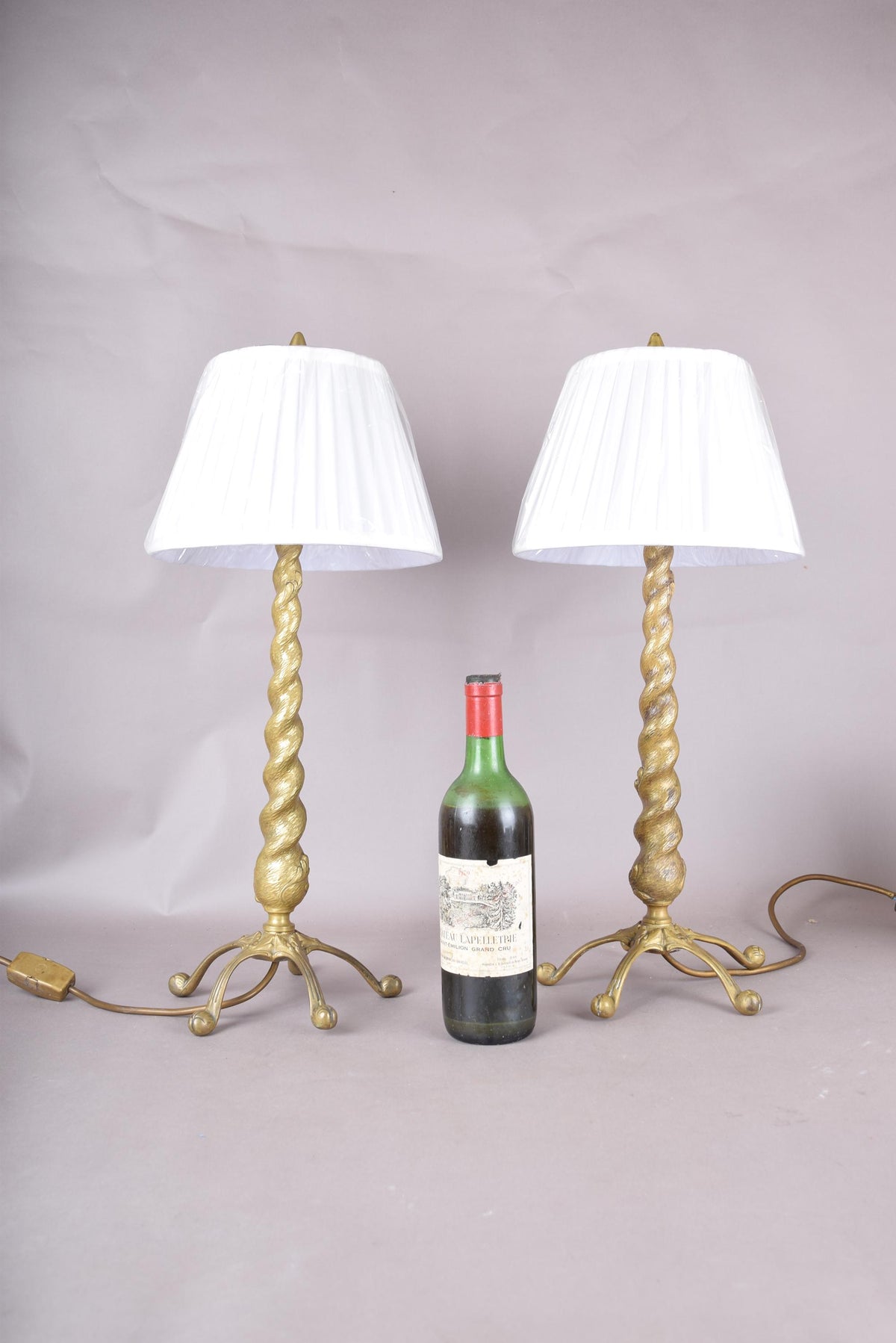 Pair of Solid Brass Barley Twist Table Lamps, Splayed Foot Base with Pleated Shades