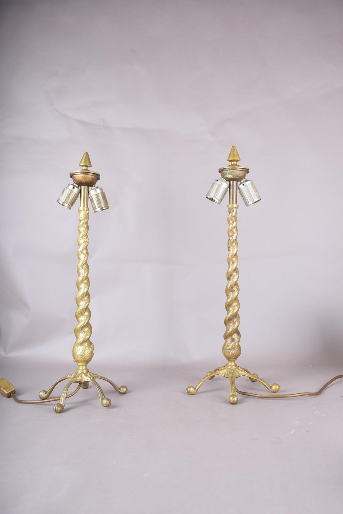 Pair of Solid Brass Barley Twist Table Lamps, Splayed Foot Base with Pleated Shades
