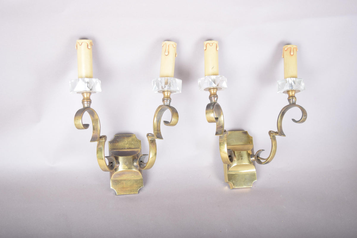 Pair of Scrolled Two-Arm Brass Wall Sconces with Crystal Bobeches
