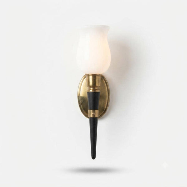 French Designer Wall Sconce, Horn-Form Brass and Black Lacquer Fixture with Cloud Glass Shade