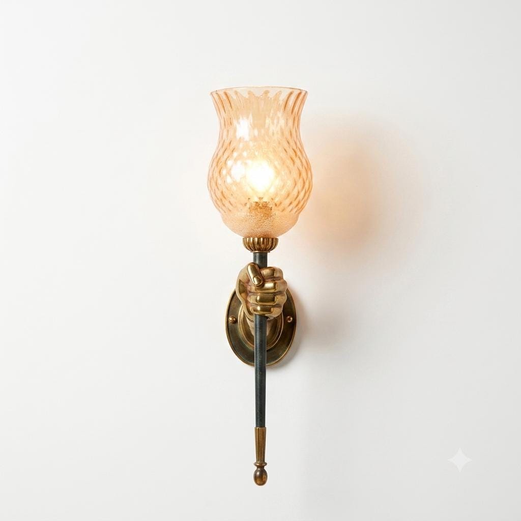 Maison Jansen Style Wall Sconce, Bronze Fist Sculpture, Amber Glass Shade