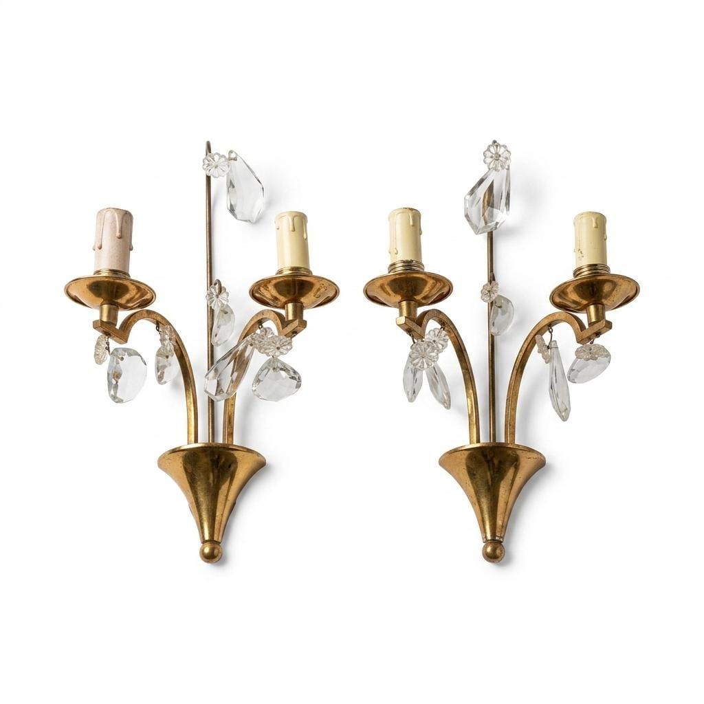 Pair of Vintage Brass Wall Sconces, Crystal Drops, Fan Backplate Design