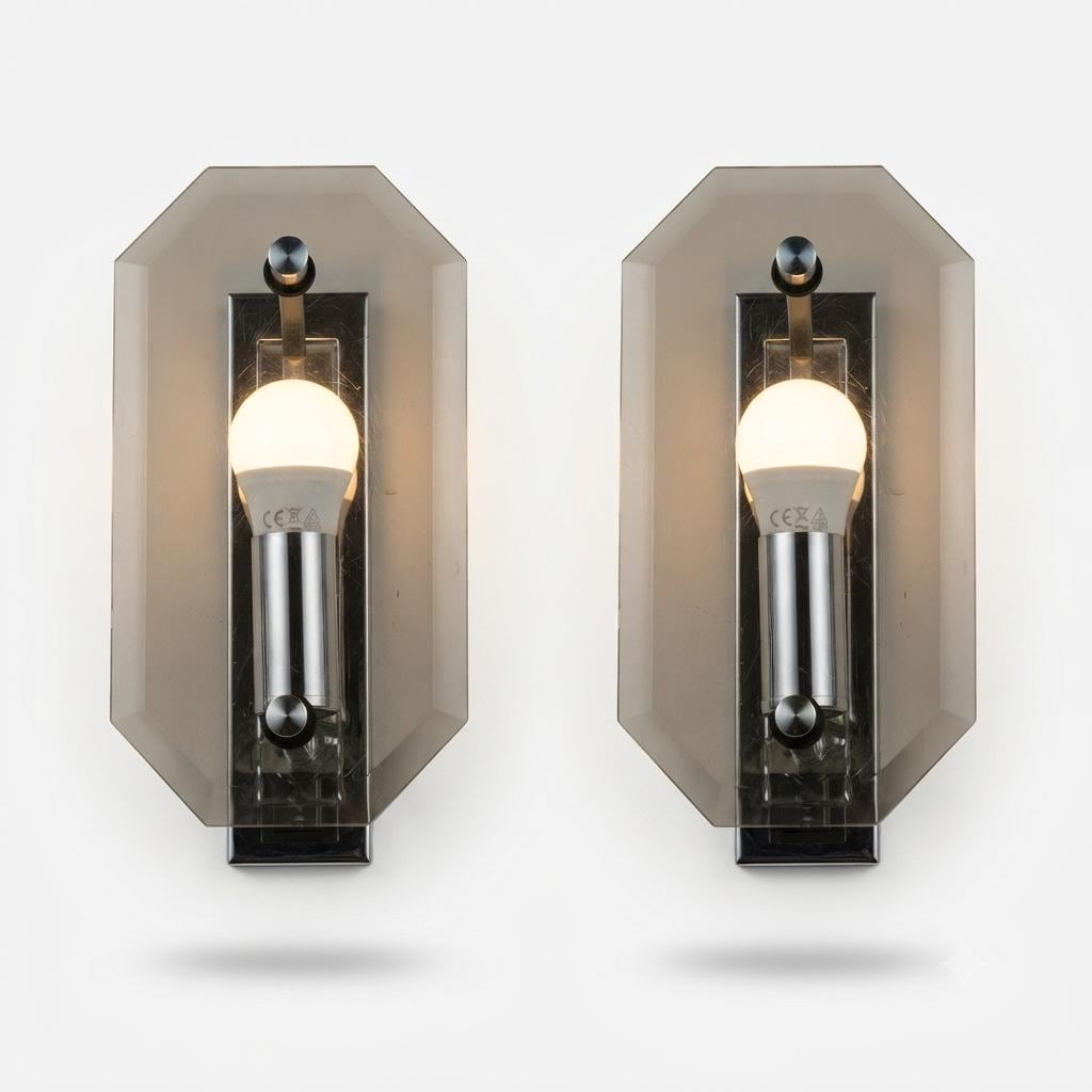 Pair of German Chrome Wall Sconces, Beveled Smoked Glass Panels, 1960s West Germany
