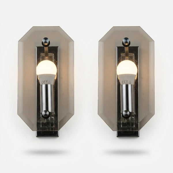 Pair of German Chrome Wall Sconces, Beveled Smoked Glass Panels, 1960s West Germany