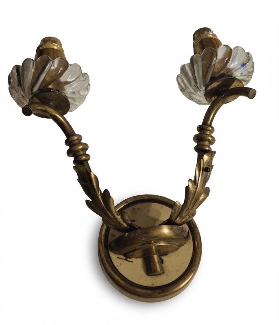 Pair of French Gilded Brass Wall Sconces, Fluted Glass Shades, 20th Century France