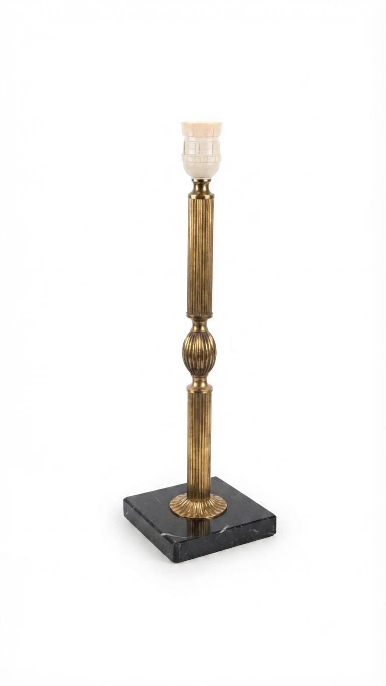 Vintage Bronze Table Lamp, Fluted Column, Black Marble Base, France
