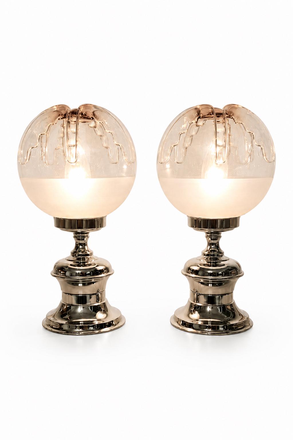 Pair of Vintage Space Age Table Lamps, Murano Glass, Chrome Base, Doria Leuchten Style, 1960s-70s
