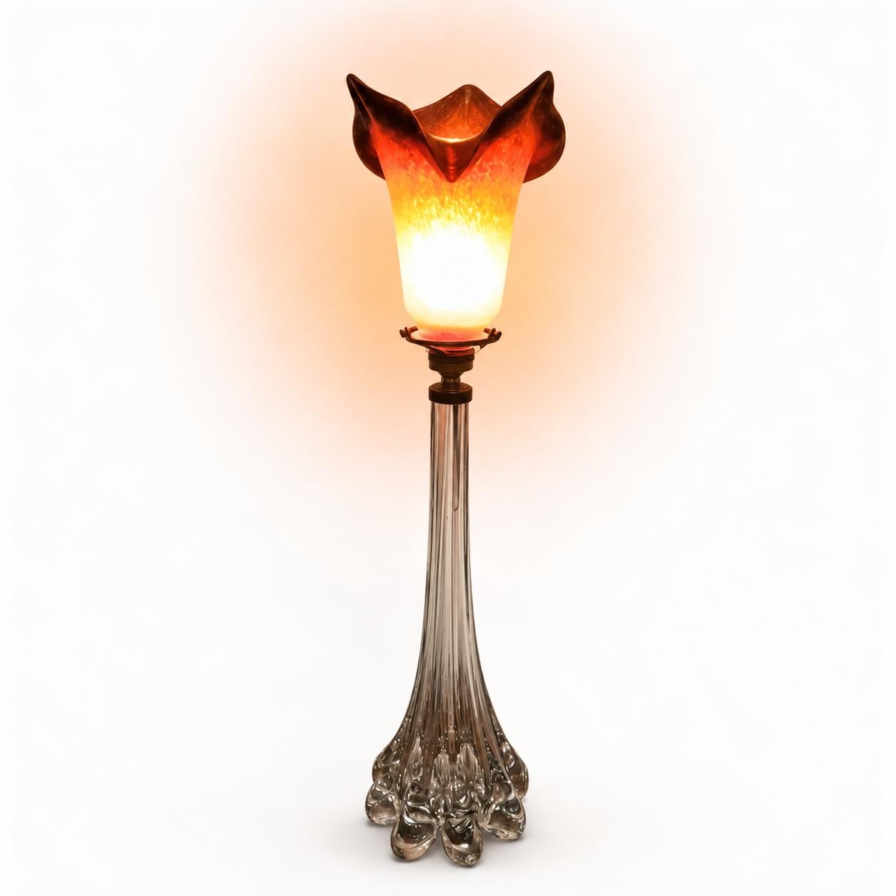 Antique Crystal Lamp, Pâte de Verre Tulip Shade, Signed Art de France, Circa 1900