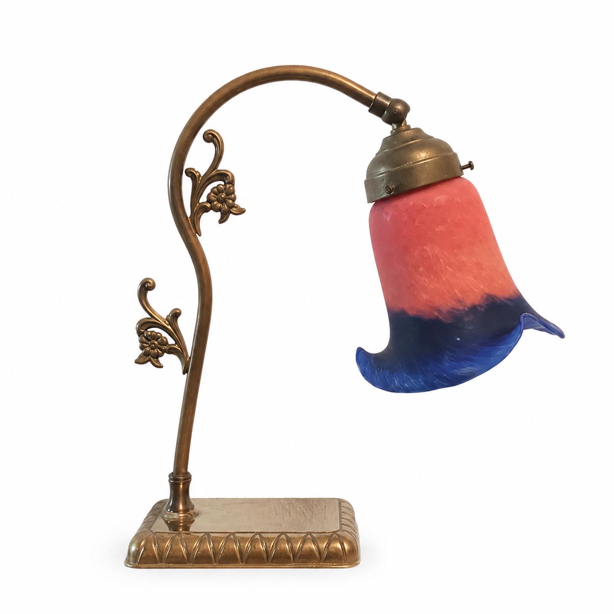 Antique Brass Table Lamp, Pâte de Verre Tulip Shade, Art Nouveau Style, Circa 1900