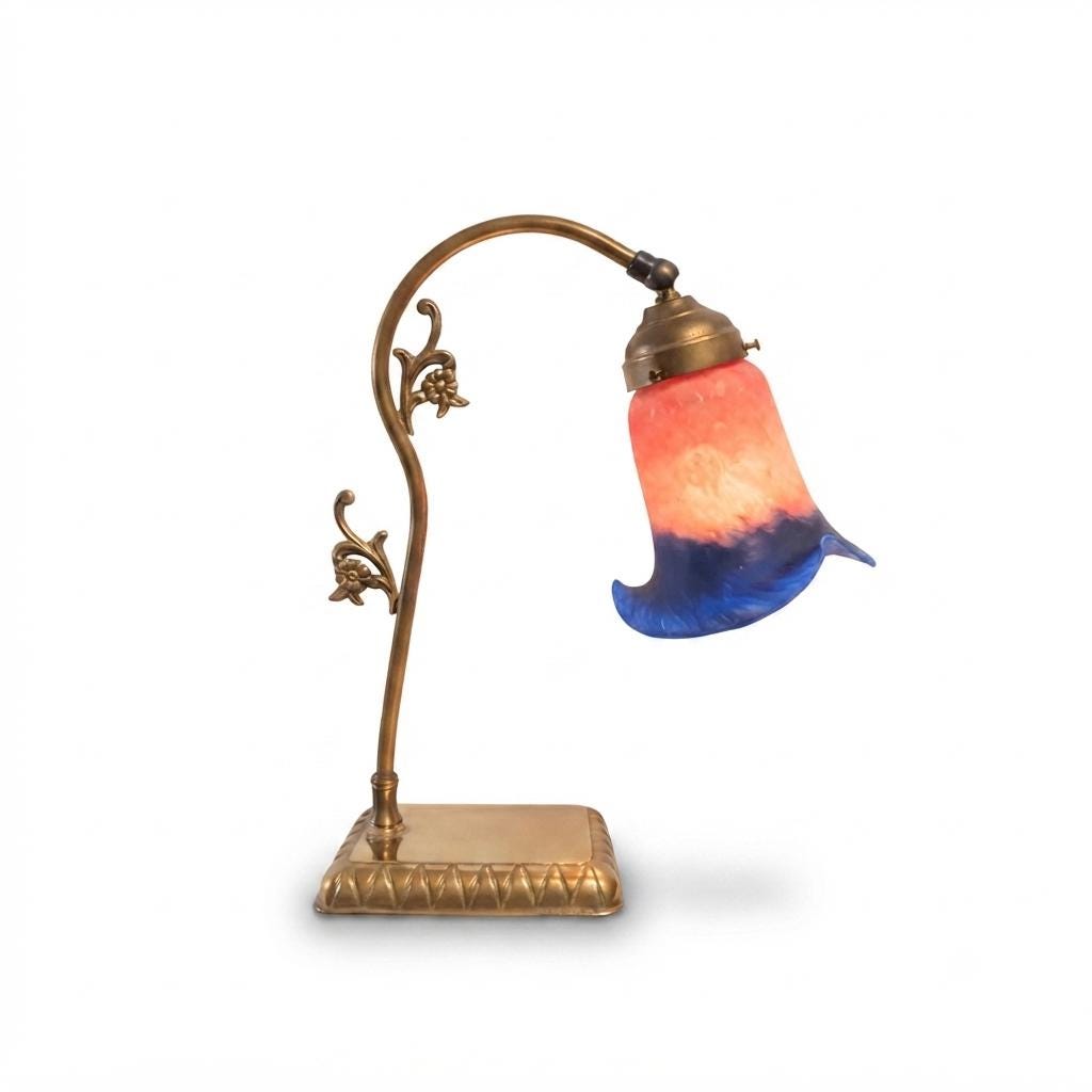Antique Brass Table Lamp, Pâte de Verre Tulip Shade, Art Nouveau Style, Circa 1900