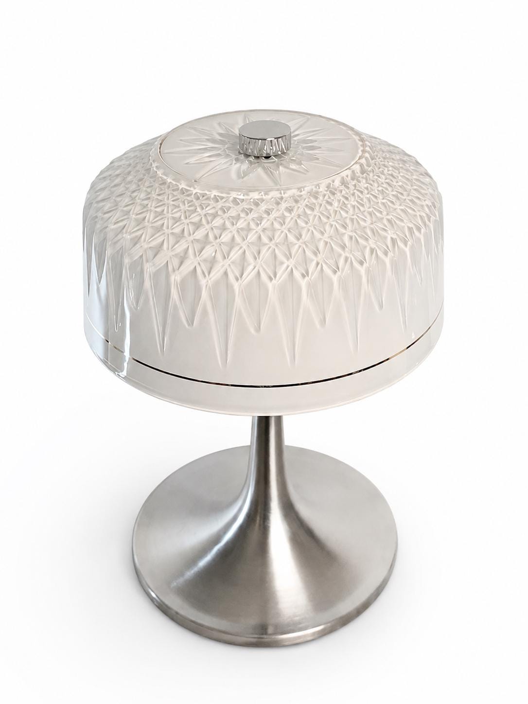 Vintage Mushroom Table Lamp, Cut Crystal Glass Dome, Chrome Tulip Base, 1970s