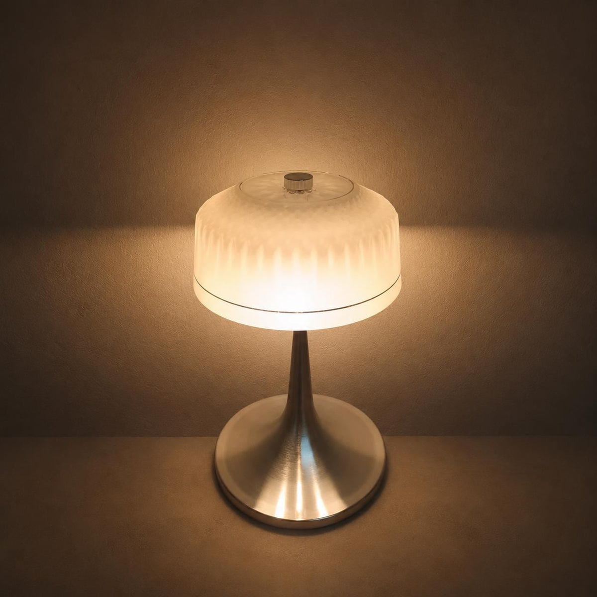 Vintage Mushroom Table Lamp, Cut Crystal Glass Dome, Chrome Tulip Base, 1970s