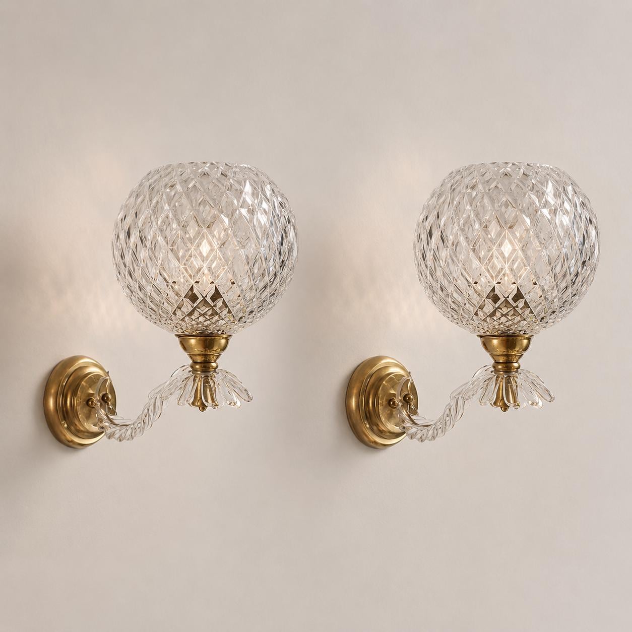 Pair of Mid-Century Crystal Globe Wall Sconces, Diamond Cut Glass, Brass