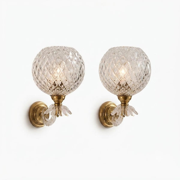 Pair of Mid-Century Crystal Globe Wall Sconces, Diamond Cut Glass, Brass