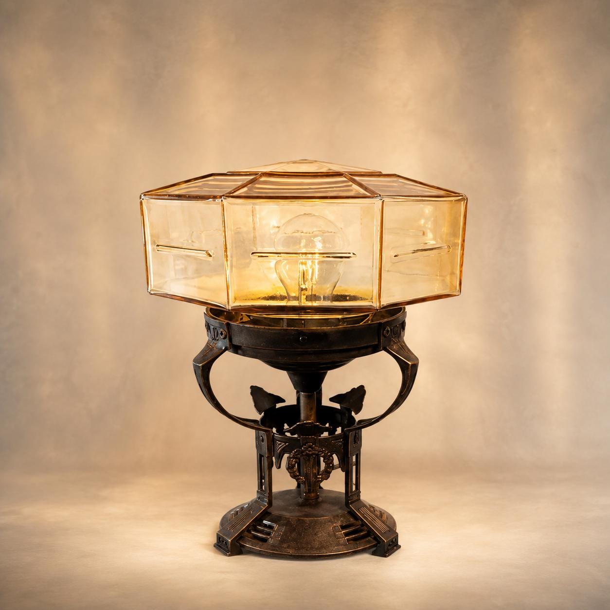 Antique Art Deco Bronze Table Lamp, Octagonal Glass Shade, Sunburst Light Effect, 1920s Style