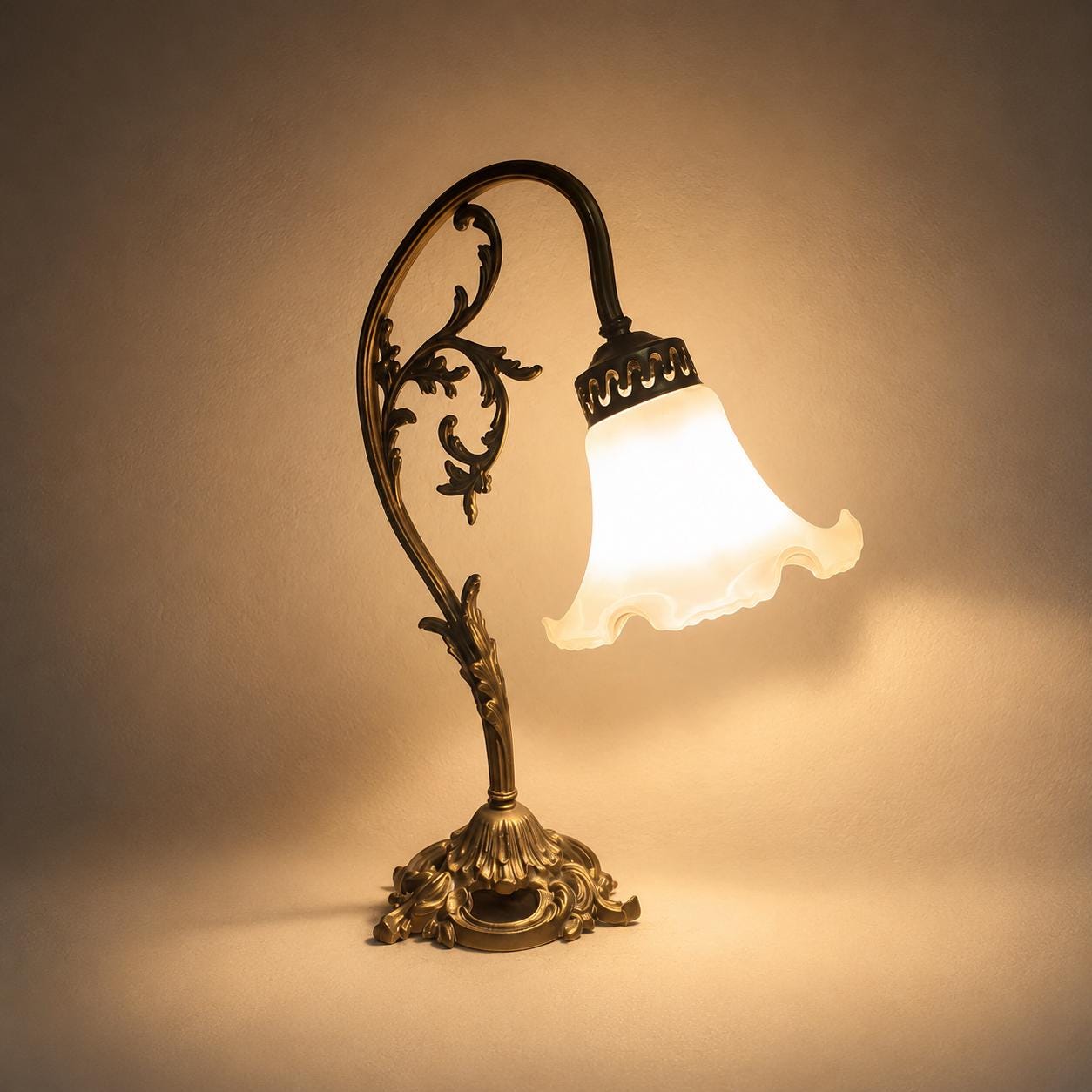 Antique Brass Table Lamp, White Ruffled Glass Tulip Shade, Art Nouveau Style