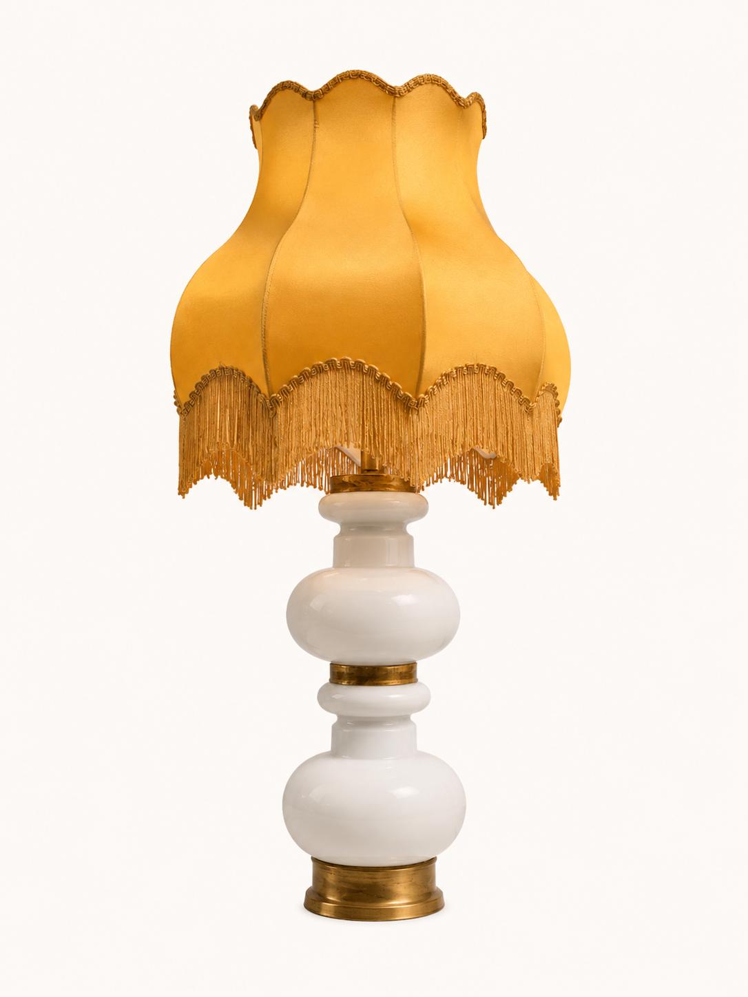 Vintage Opaline Glass Table Lamp, Gilt Brass Rings, Fringed Silk Shade